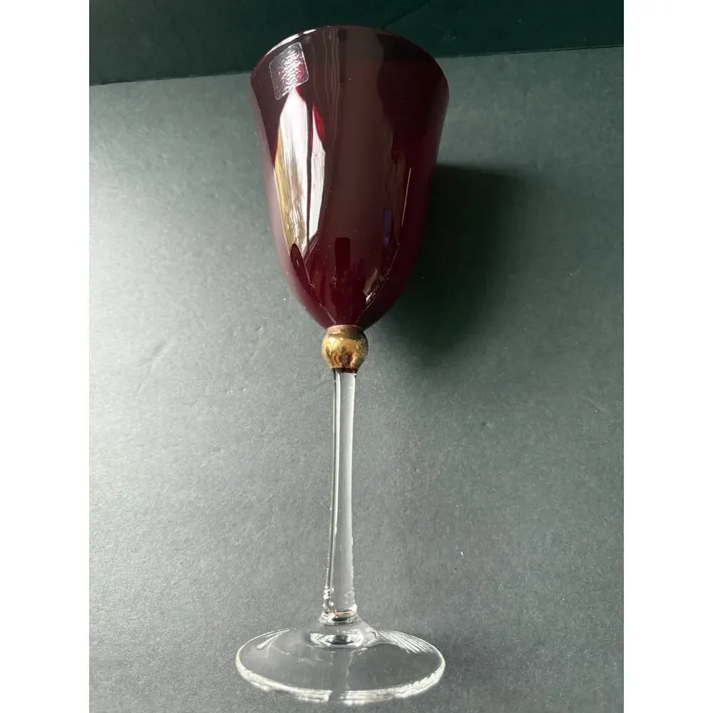 Gorham Touch Of Gold Glass Goblets Berry Red Clear Stem Set (2) Modernist MCM 9”